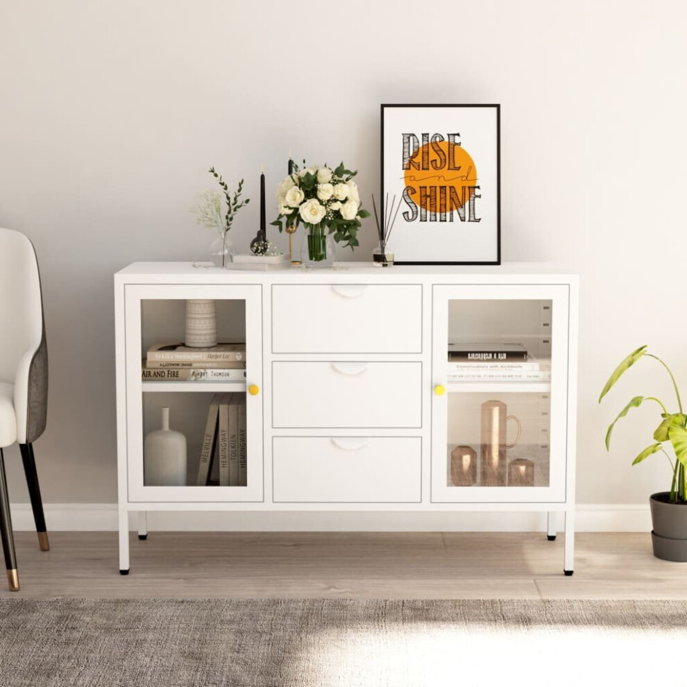 vidaXL Sideboard White Steel And Tempered Glass Storage Book Side Cabinet