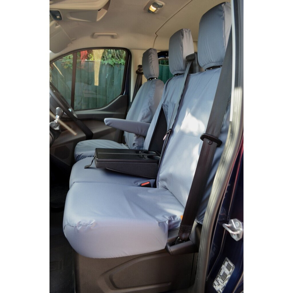 (, Driver's Seat & Double Passenger [With Worktray]) Turtle Covers Ford Transit Custom 2013+ Seat Covers Grey 5057605002798