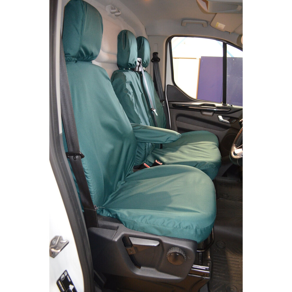 (, Driver's Seat & Double Passenger [No Worktray]) Turtle Covers Ford Transit Custom 2013+ Seat Covers Green 5057605037585