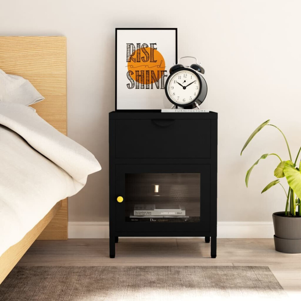 vidaXL Nightstand Black Steel and Glass Bedside Storage Cabinet Side Table