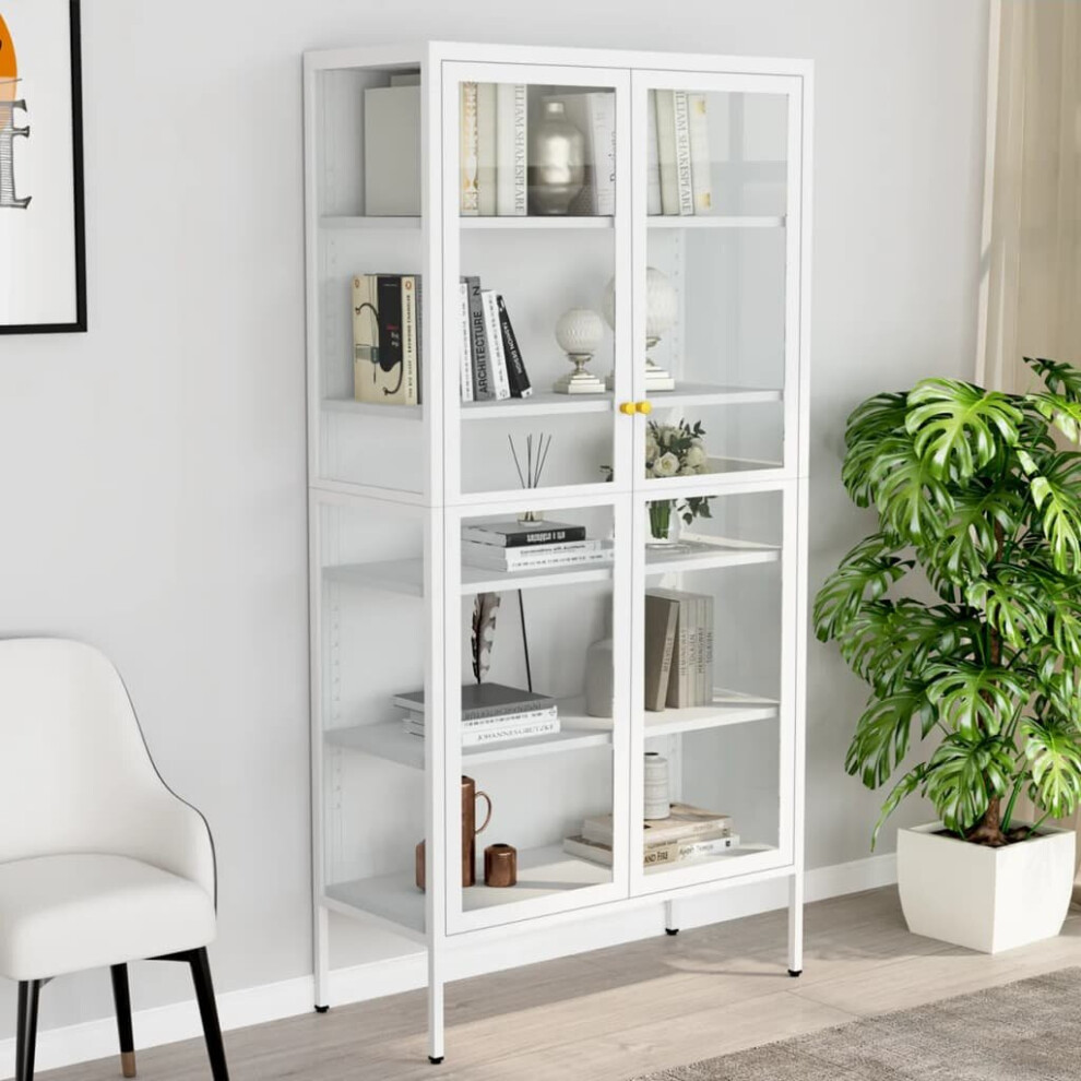 Vidaxl Display Cabinet White Steel And Tempered Glass Side Storage Cabinet