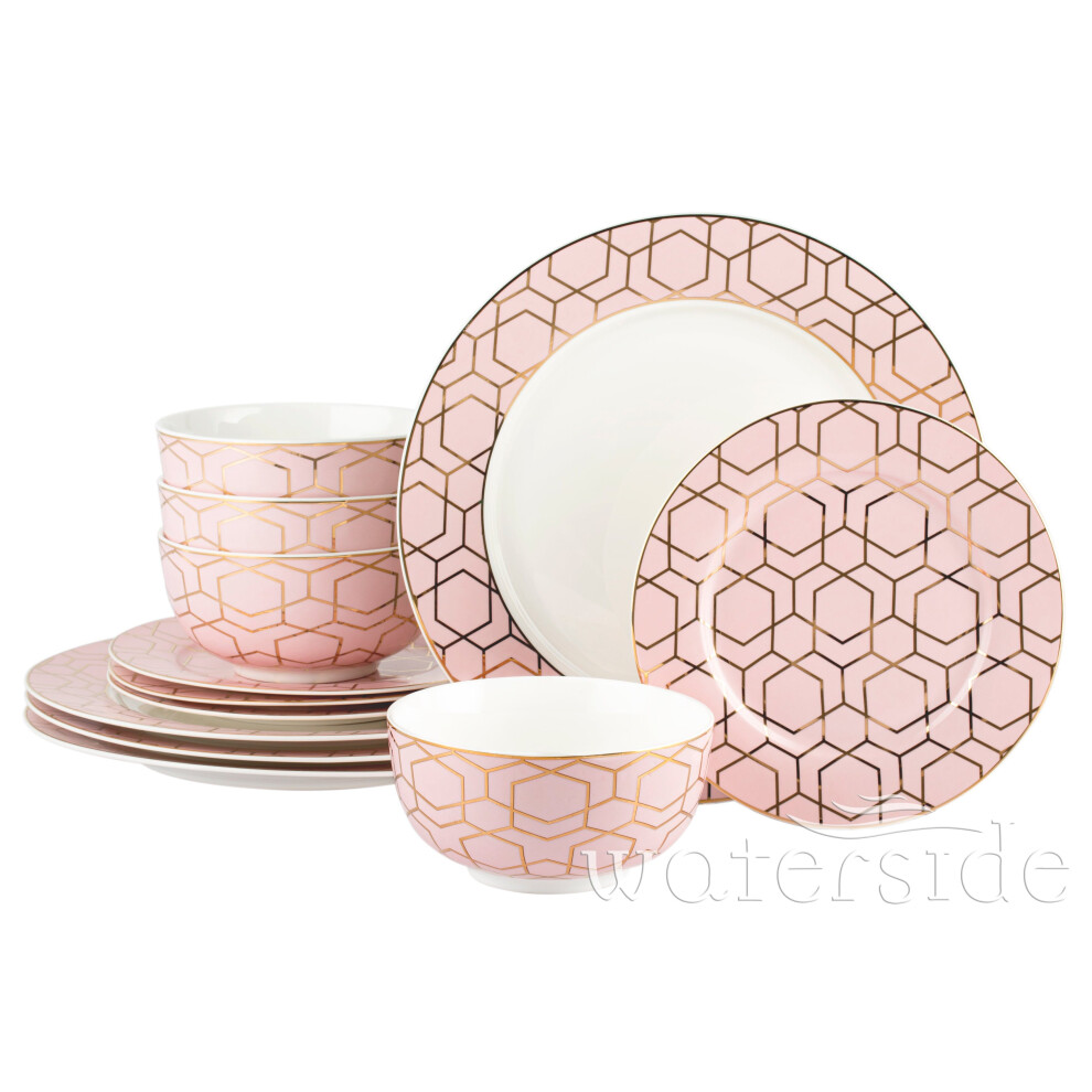 12pc Tallulah Pink & Gold Dinner Set