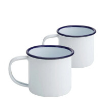 (10cm) Enamel Mug Travel Camping White Blue Rim Set of 2