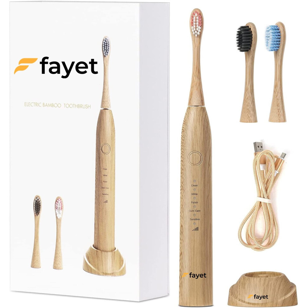 Fayet Bamboo Sonic Electric Toothbrush, Ipx8 Waterproof Eco Friendly