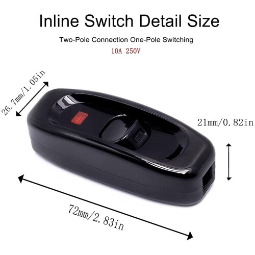 (Black) 240V 10A Inline Switch ON/OFF Button with LED UK 2