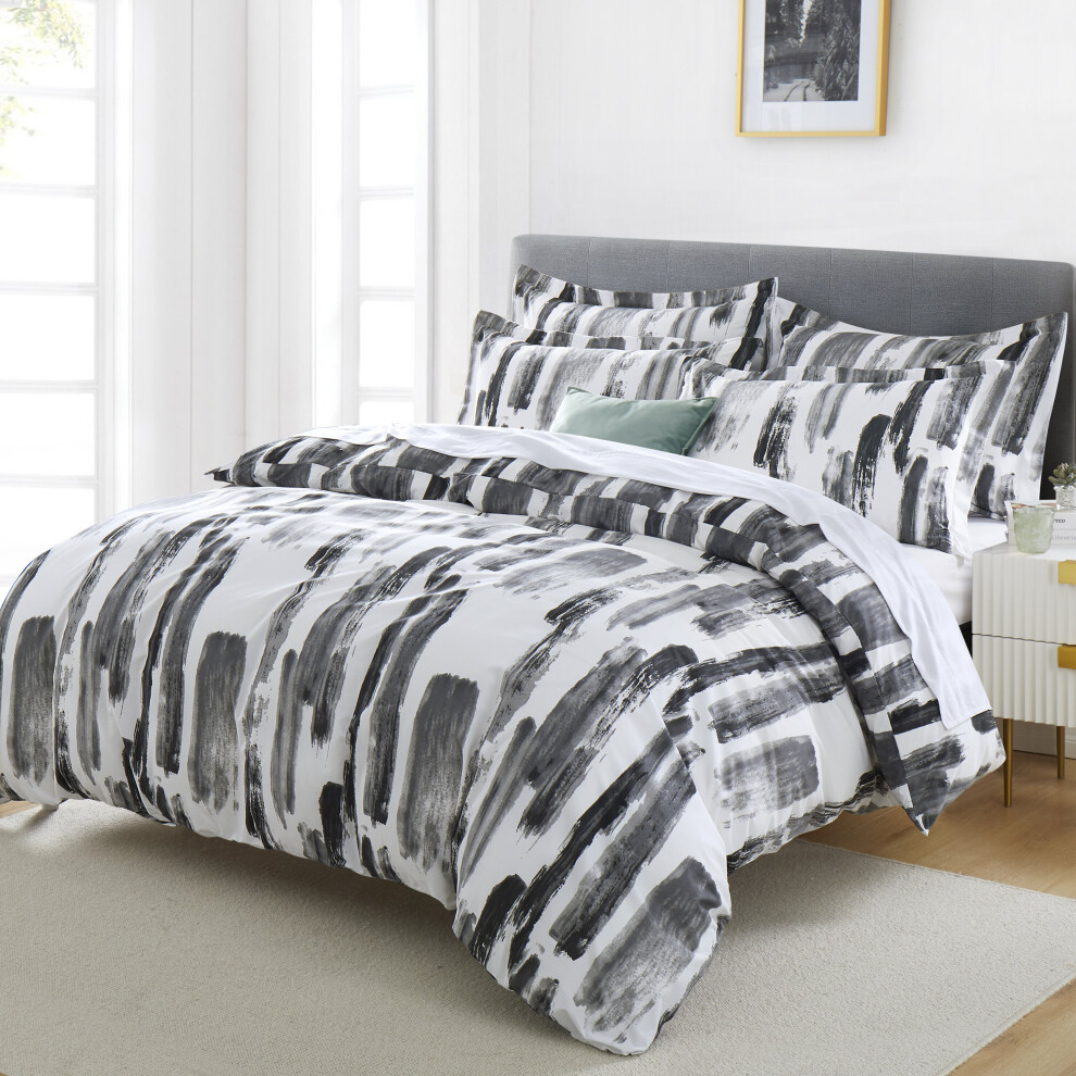 (Grey Stripe, Double) 3 Piece Reversible Duvet Quilt Cover Bedding Set With Pillow Cases Single Double King Size