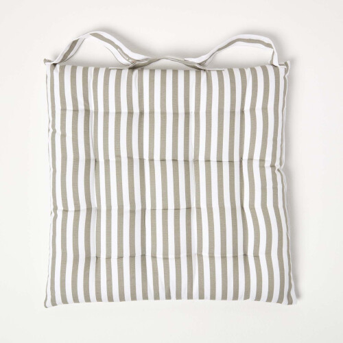 Homescapes (1 Seat Pad) Grey Stripe Seat Pad with Button Straps 100% Cotton 2