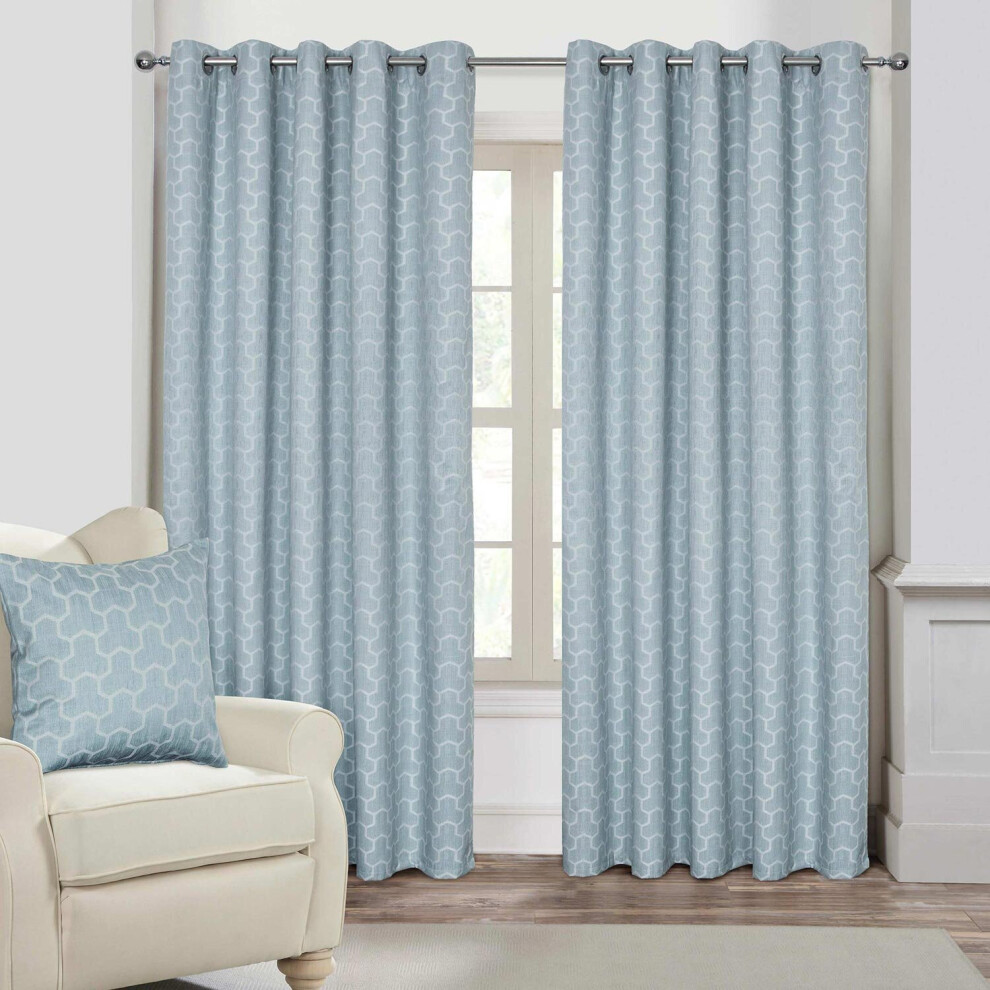 (W 228cm x Drop 137cm, Blue) Geometric Jacquard Blackout Eyelet Curtain Pair-image-OPC-P8T7599-NEW
