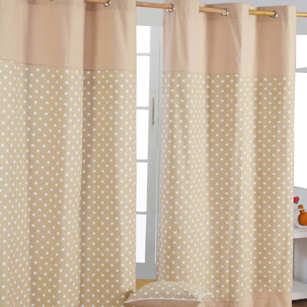 Homescapes (W 117Cm X Drop 137 Cm, Beige) Cotton Stars Ready Made Eyelet Curtain Pair
