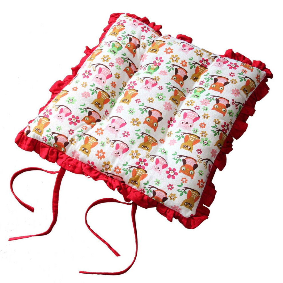 Reversible Red Frilled Cushion Seat Pad with Ties Owls