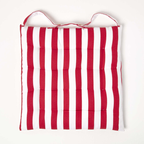 Homescapes (1 Seat Pad) Red Stripe Seat Pad with Button Straps 100% Cotton 2