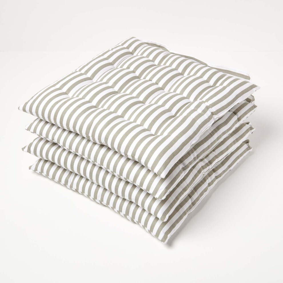 (Set of 4) Grey Stripe Seat Pad with Button Straps 100% Cotton