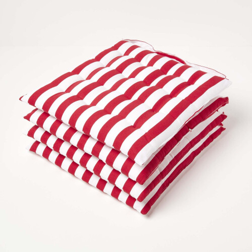 Homescapes (Set of 4) Red Stripe Seat Pad with Button Straps 100% Cotton