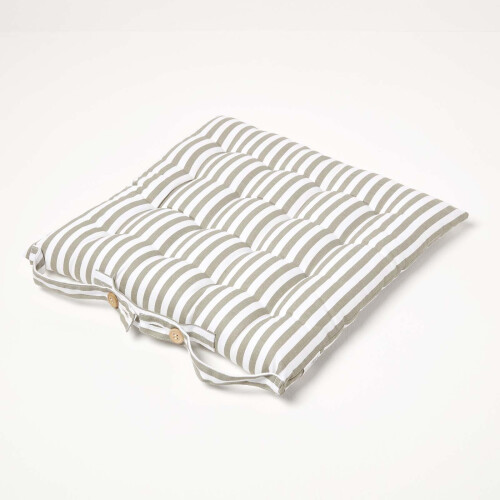 Homescapes (1 Seat Pad) Grey Stripe Seat Pad with Button Straps 100% Cotton 1