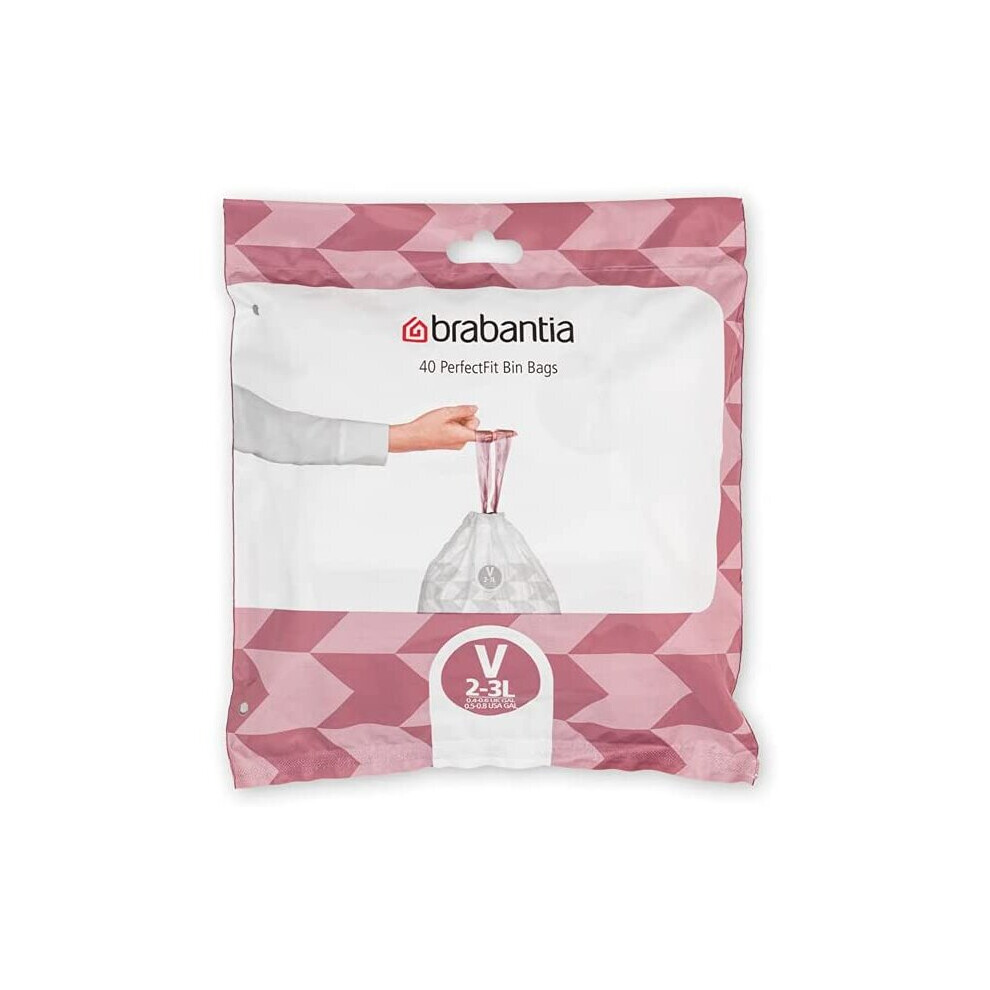 Brabantia PerfectFit Bin Liners (Size V/2-3 Litre) Thick Plastic Trash Bags with Tie Tape Drawstring Handles (40 Bags)