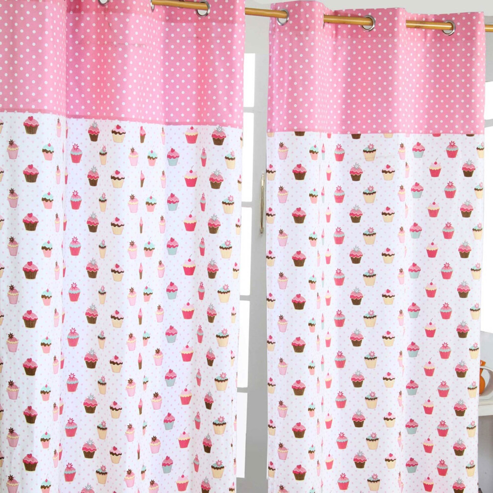 Homescapes (W 137Cm X Drop 182Cm) Cupcakes Ready Made Eyelet Curtain Pair Pink