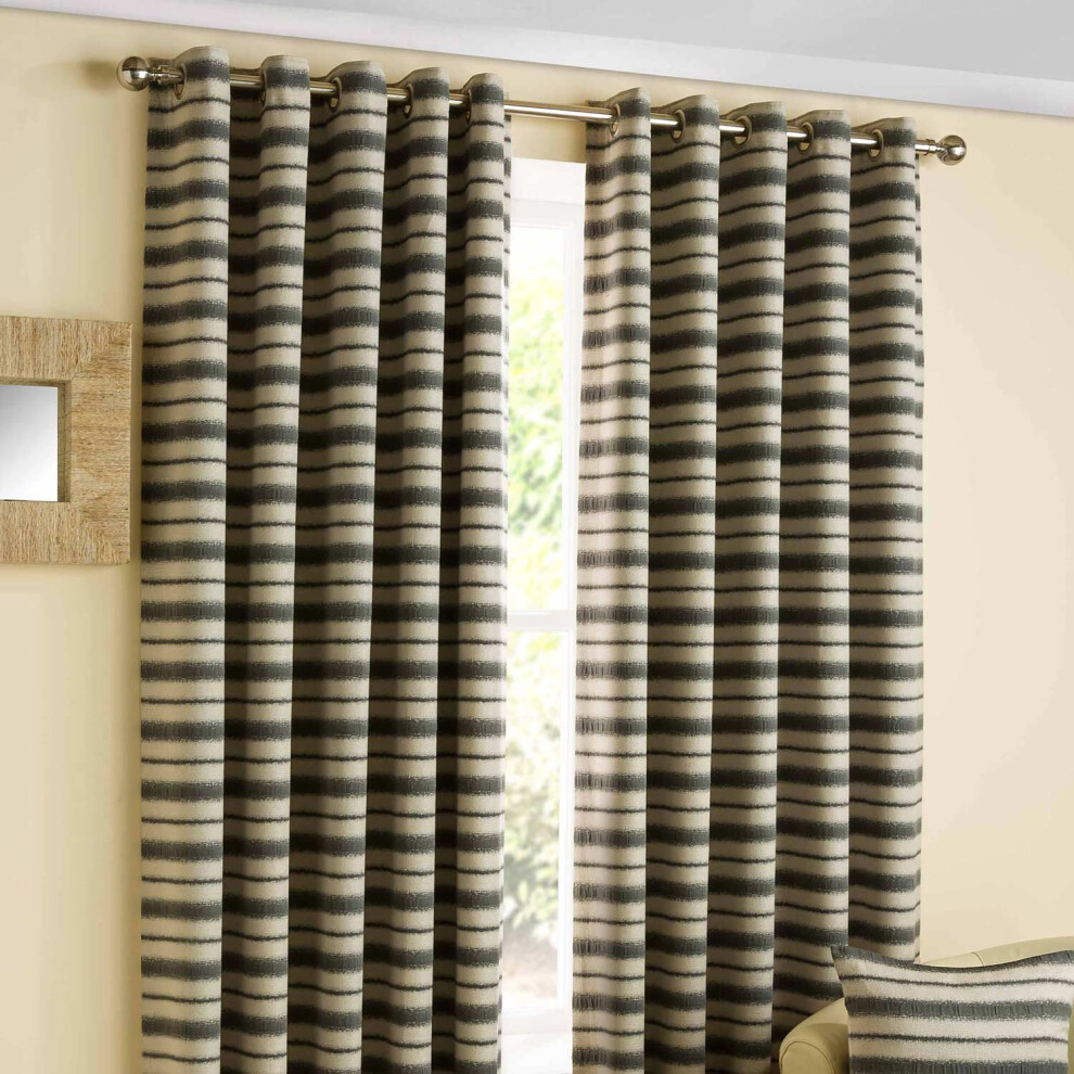 (W 228cm x Drop 182cm, Charcoal & Beige) Horizon' Striped Ready Made Eyelet Curtain Pair