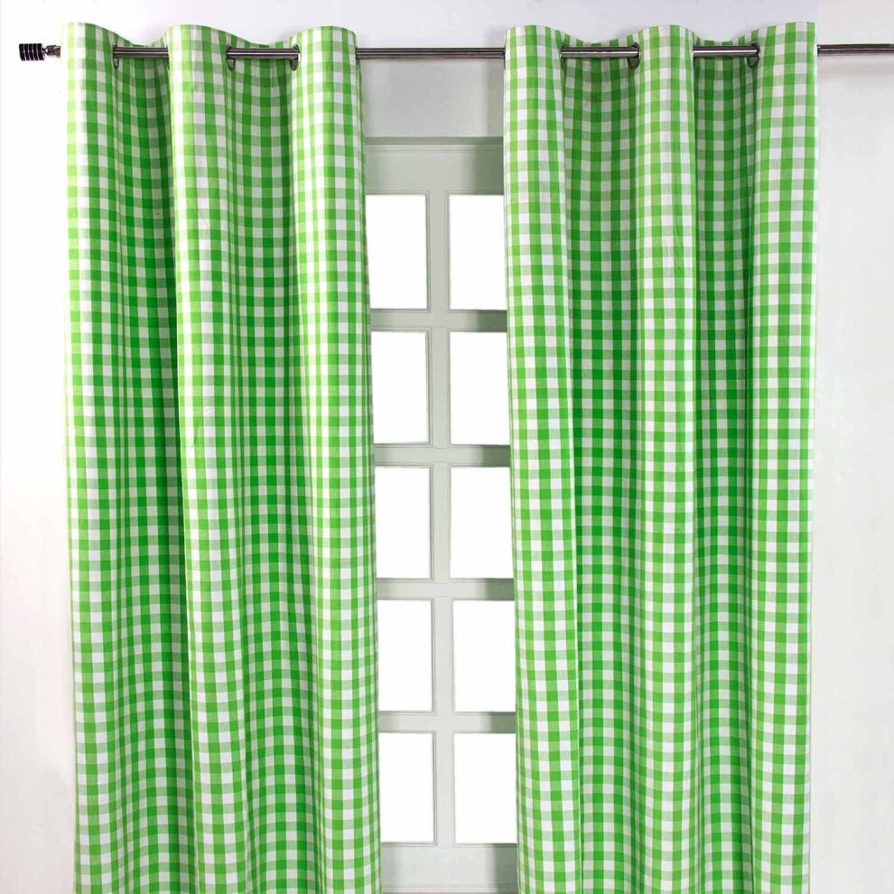 Homescapes (W 137Cm X Drop 182Cm, ) Cotton Block Check Gingham Eyelet Curtains Green