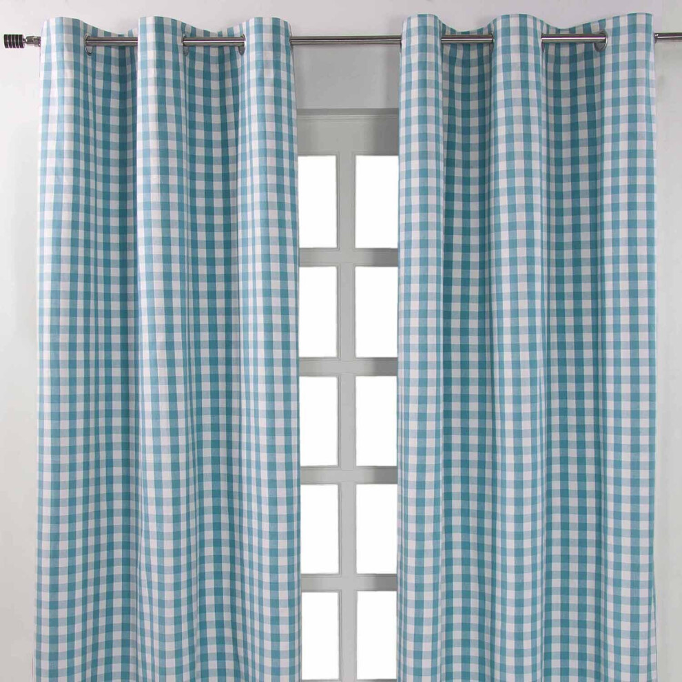Homescapes (W 117Cm X Drop 137 Cm, ) Cotton Block Check Gingham Eyelet Curtains Blue