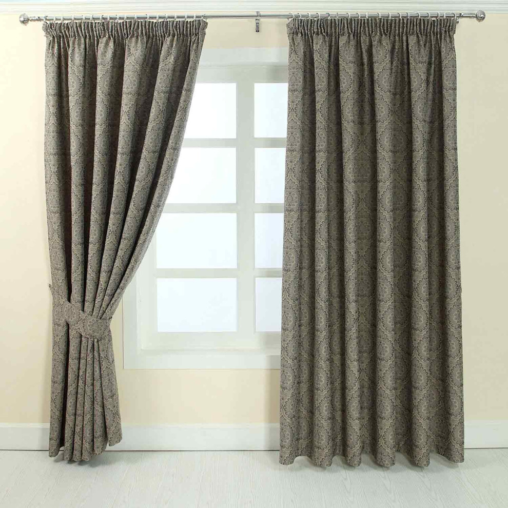 Homescapes (W 117Cm X Drop 228Cm, ) Jacquard Curtain Floral Damask Design Fully Lined Grey