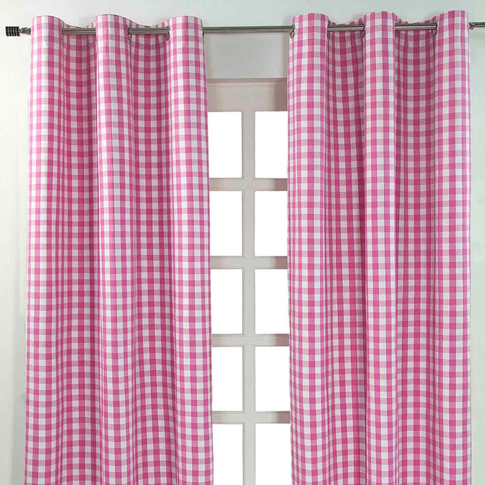 Homescapes (W 117Cm X Drop 137 Cm, ) Cotton Block Check Gingham Eyelet Curtains Pink