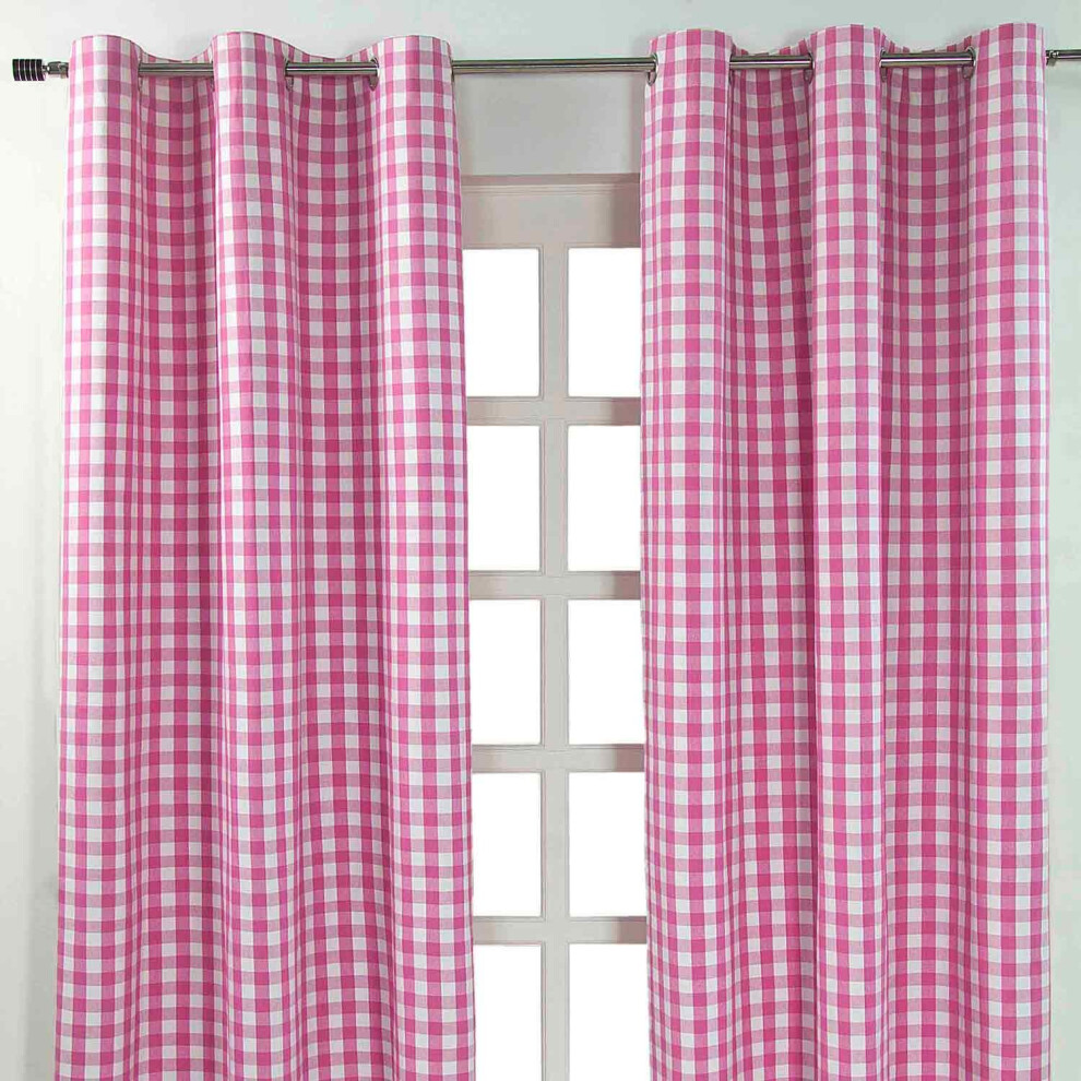 Cotton Block Check Gingham Eyelet Curtain Pair