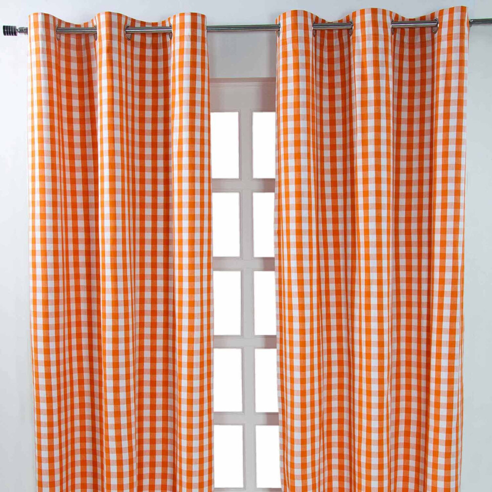 Homescapes (W 117Cm X Drop 137 Cm, ) Cotton Block Check Gingham Eyelet Curtains Orange