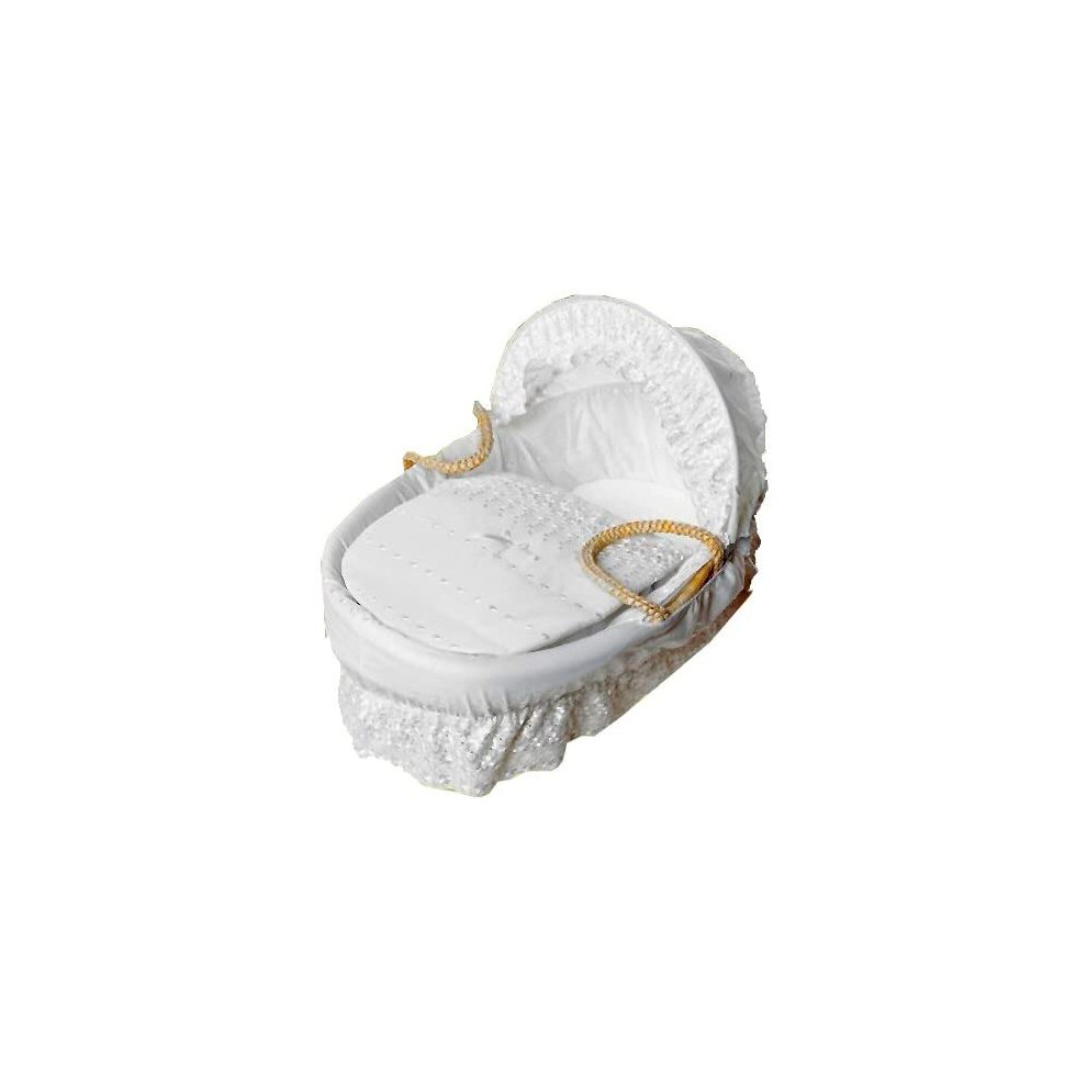 (White Anglaise) New Baby Moses Basket Soft Dimple Broderie Anglaise Marshmallow Hood Bedding Set