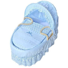 (B Blue Anglaise) New Baby Moses Basket Soft Dimple Broderie Anglaise Marshmallow Hood Bedding Set