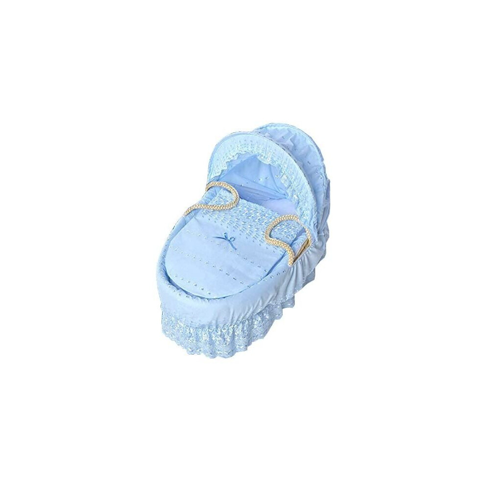 (B Blue Anglaise) New Baby Moses Basket Soft Dimple Broderie Anglaise Marshmallow Hood Bedding Set