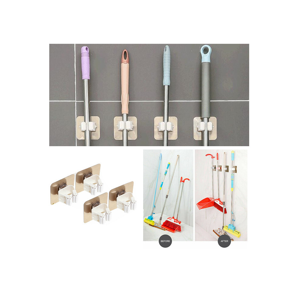 4x Self Adhesive Mop Broom Holder Wall Mounted Broom Mop Clip Racks