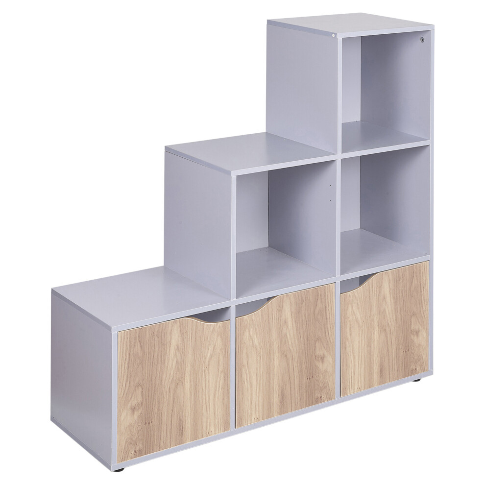(Grey, Oak) 6 Cube Step Storage Bookcase Shelf Unit Doors Wood