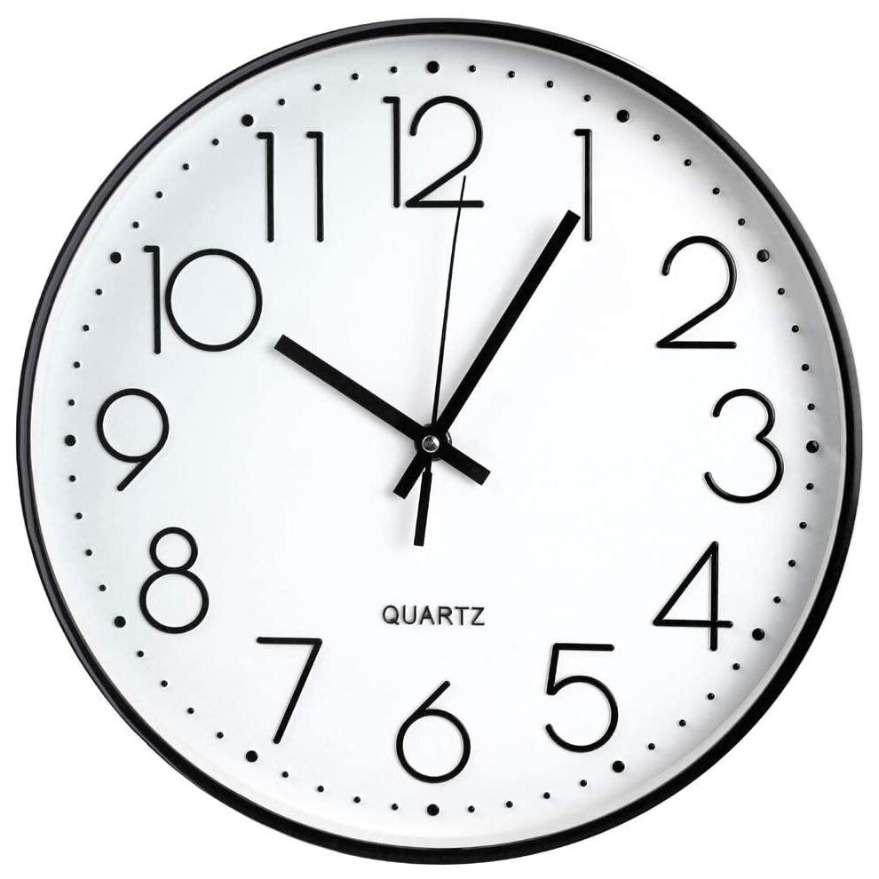 Tohooyo Wall Clock, 12 ''Non-Ticking Silent Quartz Decorative Clocks, Modern Large Number Round Clock Black