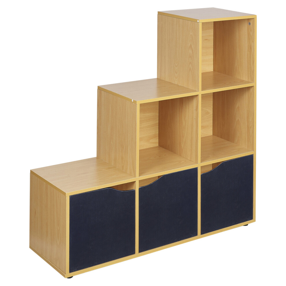 (Beech, Black) 6 Cube Step Storage Bookcase Shelf Unit Doors Wood