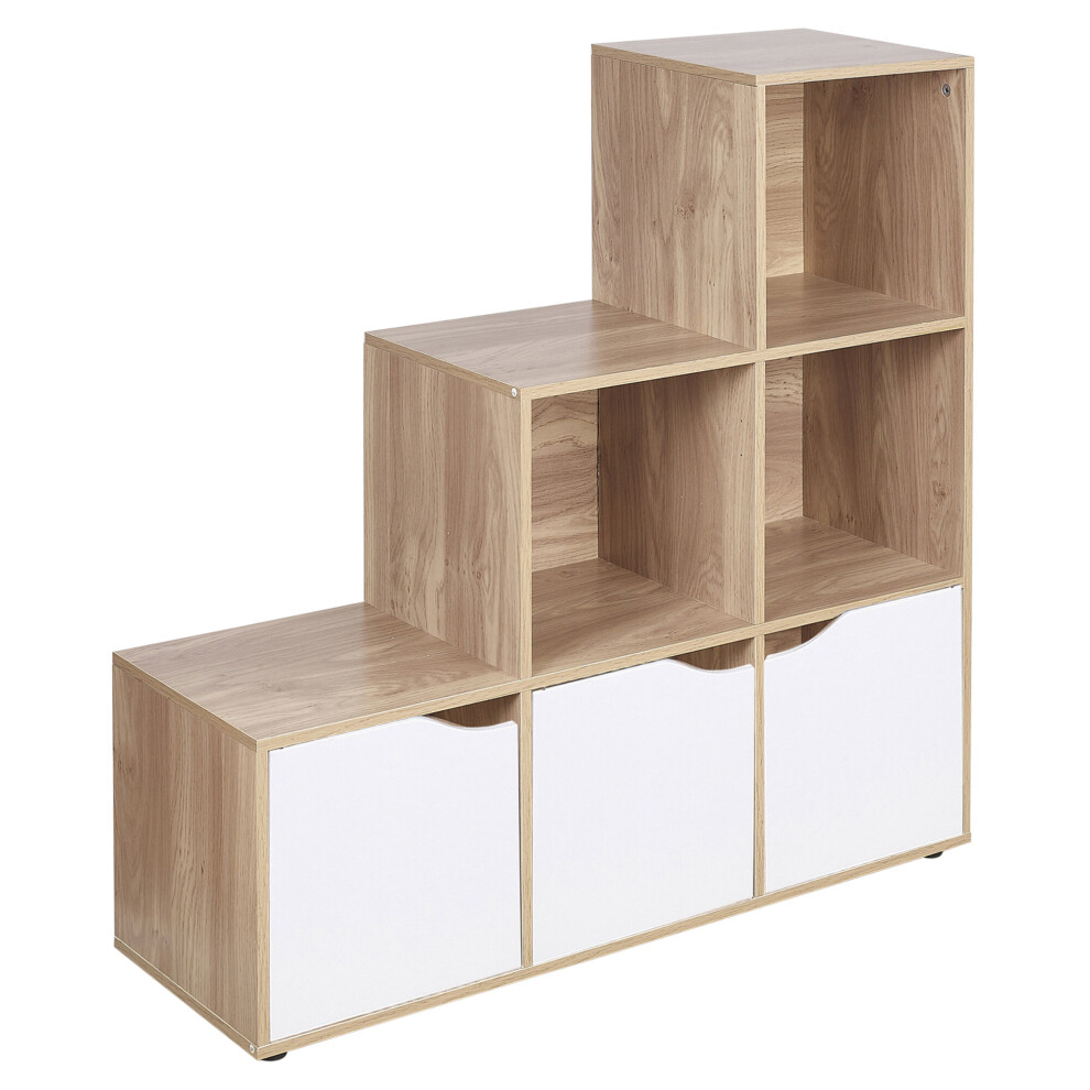 (Oak, White) 6 Cube Step Storage Bookcase Shelf Unit Doors Wood