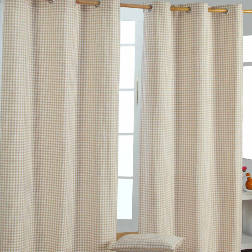 (W 117cm x Drop 137 cm, Beige) Cotton Gingham Eyelet Curtains