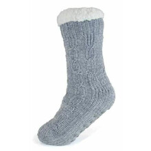 (Lilac) New Women's Chenille Cable Knit Sherpa Lined Gripper Slipper Fluffy Socks 1 Pair