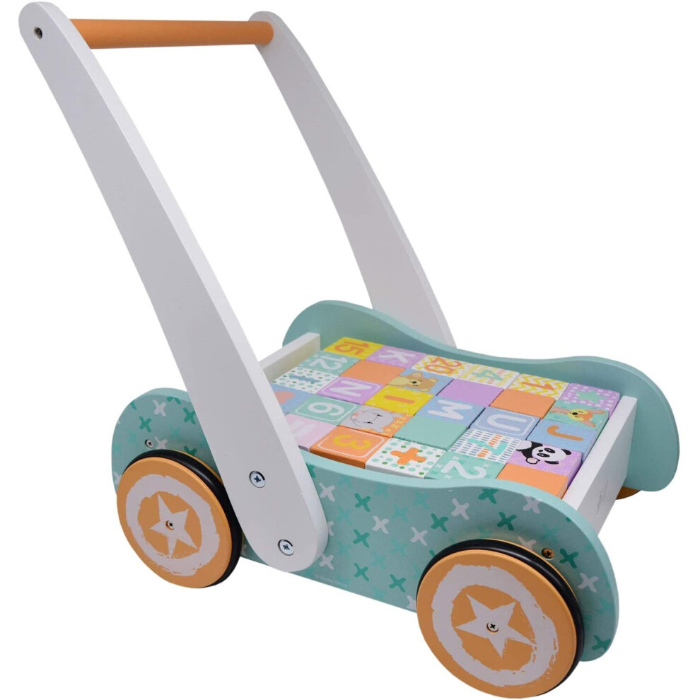 Wooden Baby Walker with Blocks - Wooden Push Along Trolley - 123 and ABC Blocks