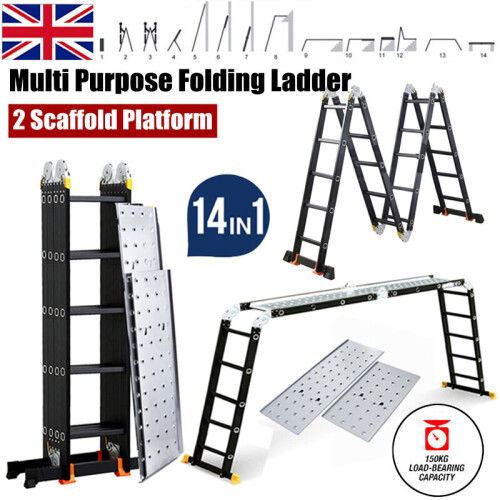 5.7M Aluminium Folding Ladder Multi-Purpose W/2 Scaffold Platform 1