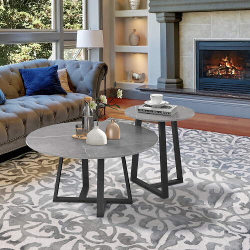 2x Round Sofa Side End Tables  Sintered Stone Nesting Coffee Table 1