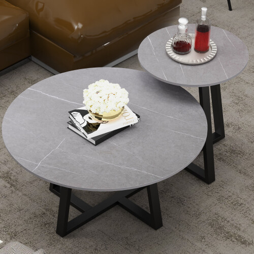 2x Round Sofa Side End Tables  Sintered Stone Nesting Coffee Table 2