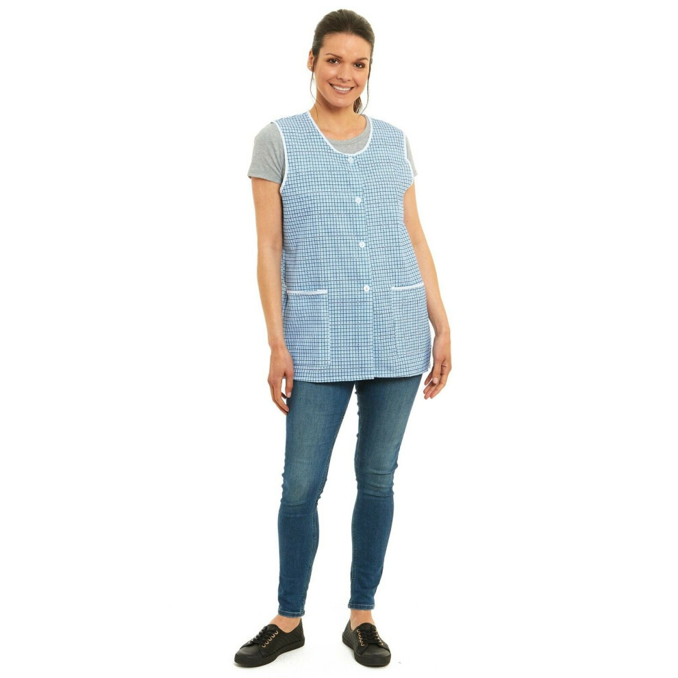 (Blue, 12-14) New Ladies Dogtooth Tabard Apron Overalls Pockets Sizes 8-32 Plus Cleaning Work