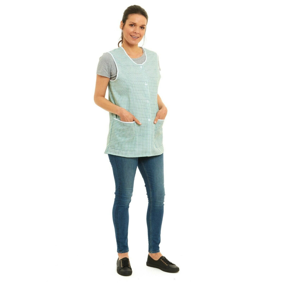 (Green, 16-18) New Ladies Dogtooth Tabard Apron Overalls Pockets Sizes 8-32 Plus Cleaning Work