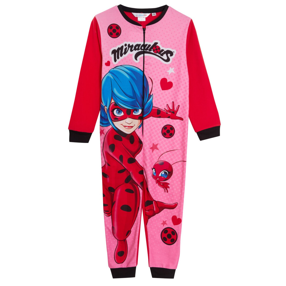 (7-8 Years) Girls Miraculous All In One Kids Fleece Pyjamas Red Ladtbug Pjs Zipped Nightware