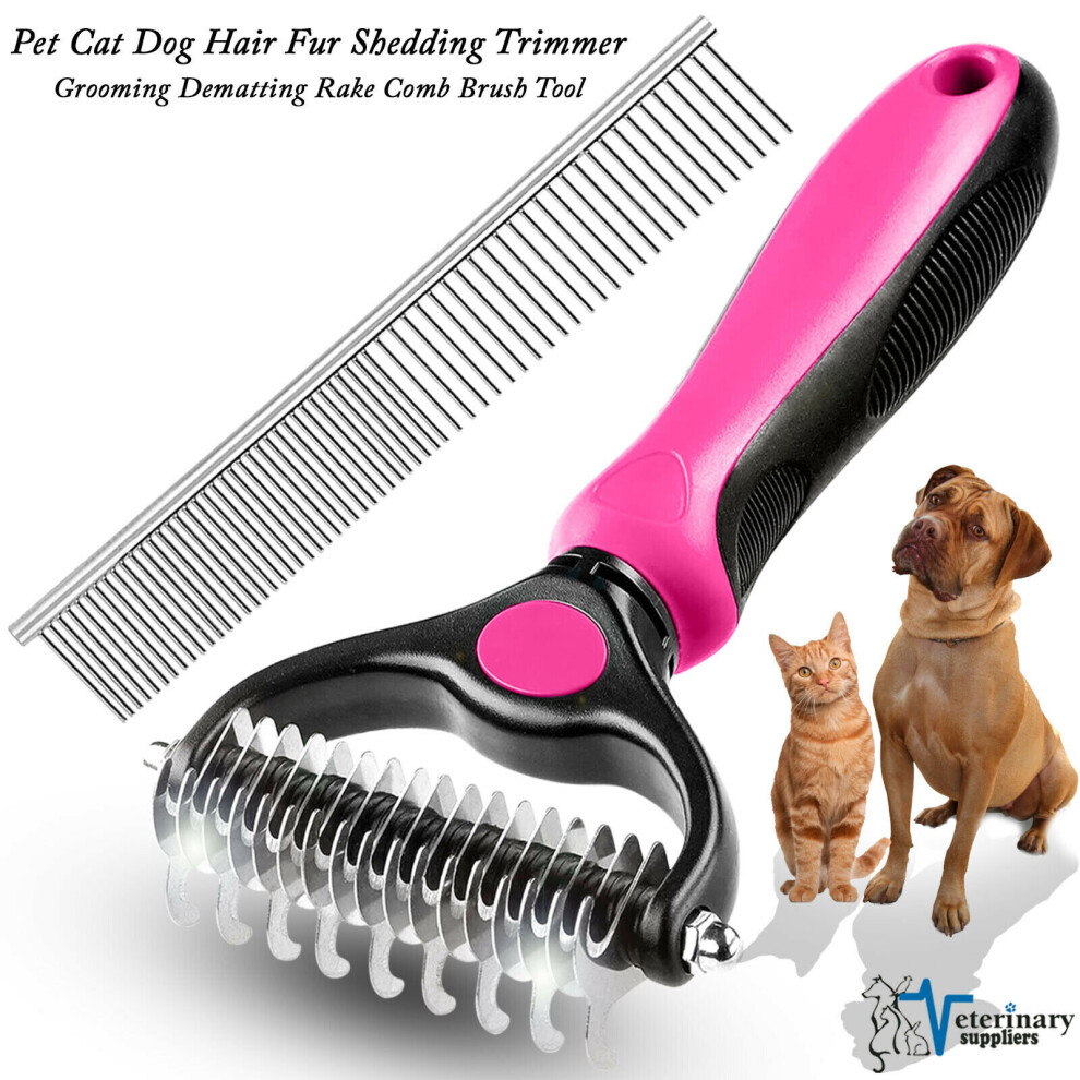 (Pink) Grooming Dog Cat Comb Removes Under Coat Rake Dematting Comb Pet Care Brush Tool