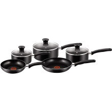 TEFAL B372S544 Essential 5-Piece Pots & Pans Set - Black/Aluminium | Thermospot, Durabase, Non-Stick, Oven Safe to 175C, Not for Induction