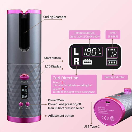 Ranpo (Grey) Portable Wireless Auto-Rotating Hair Curling Wand 2