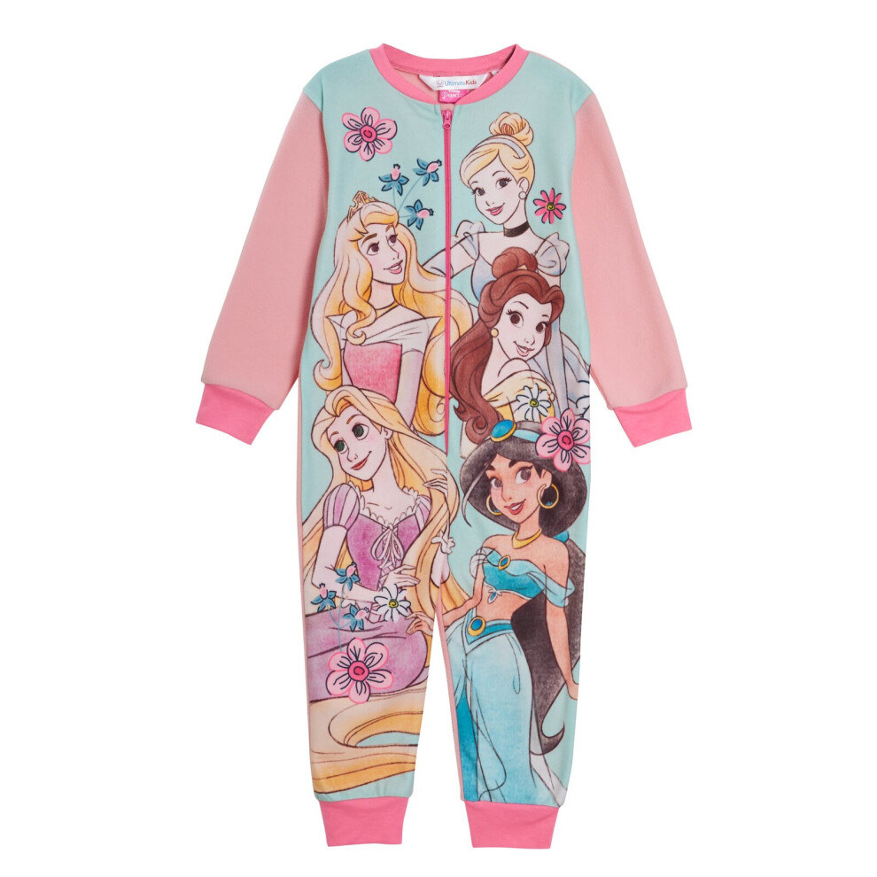 (4-5 Years) Disney Princess Girls All In One Pyjamas For Kids Fleece Pjs Zipped Nightwear