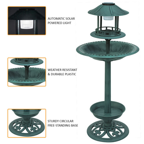 Garden Bird Bath Feeding Station Planter Solar Powered Light Ornament 2