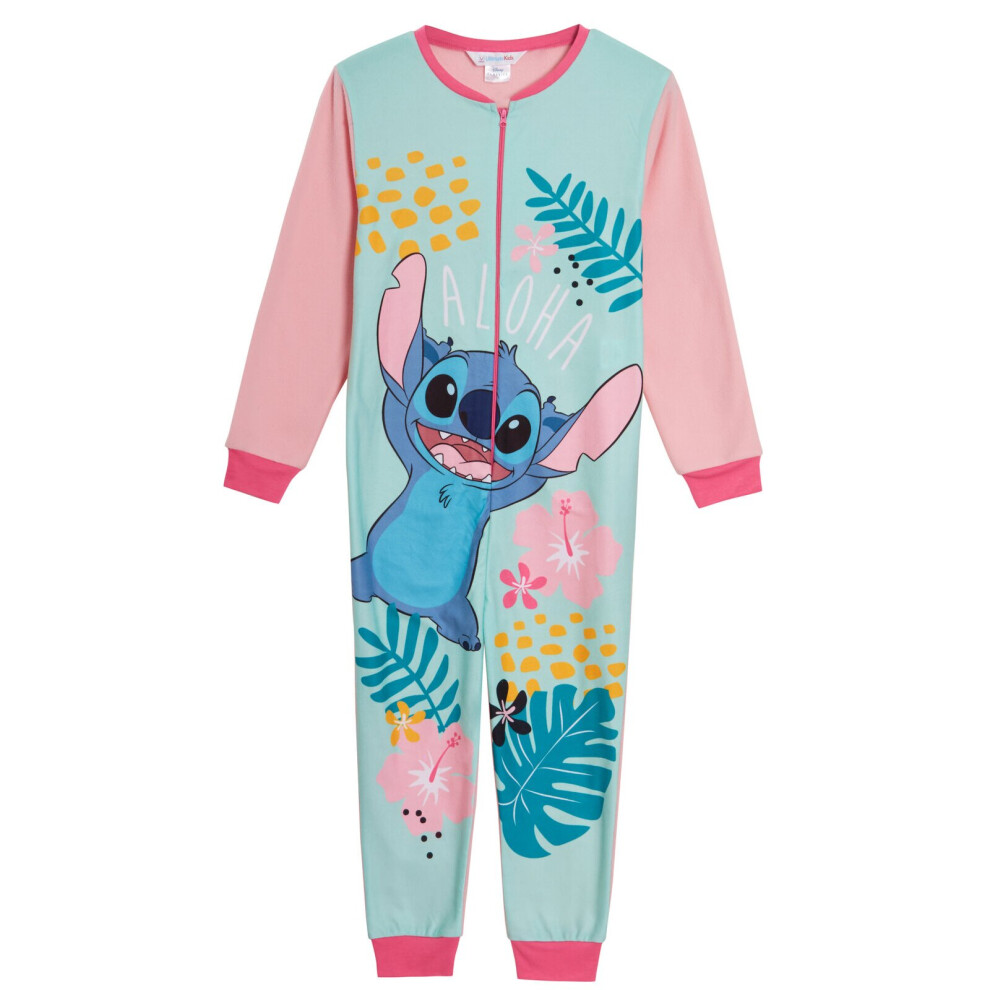 (11-12 Years) Disney Stitch Girls All In One Pyjamas For Kids Lilo Fleece Pjs Zip Up Nightwear